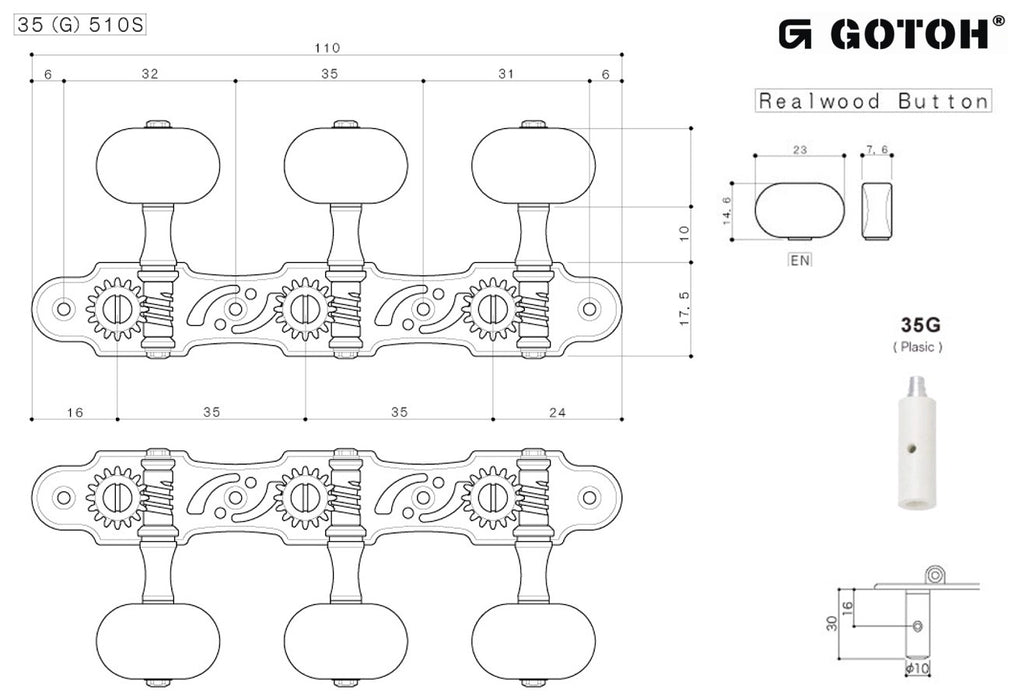 Gotoh 35G510S-N-EN Machine Heads for Classical Guitar (3L + 3R)