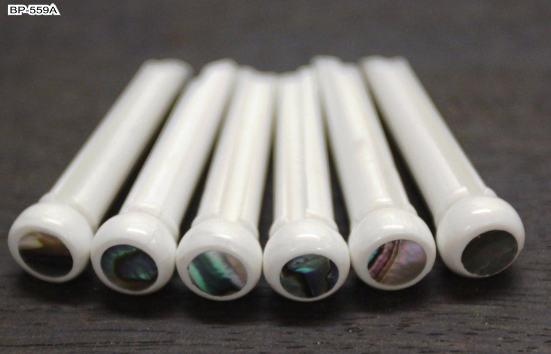 6 White Bridge Pins with 3mm Abalone dots (slotted)