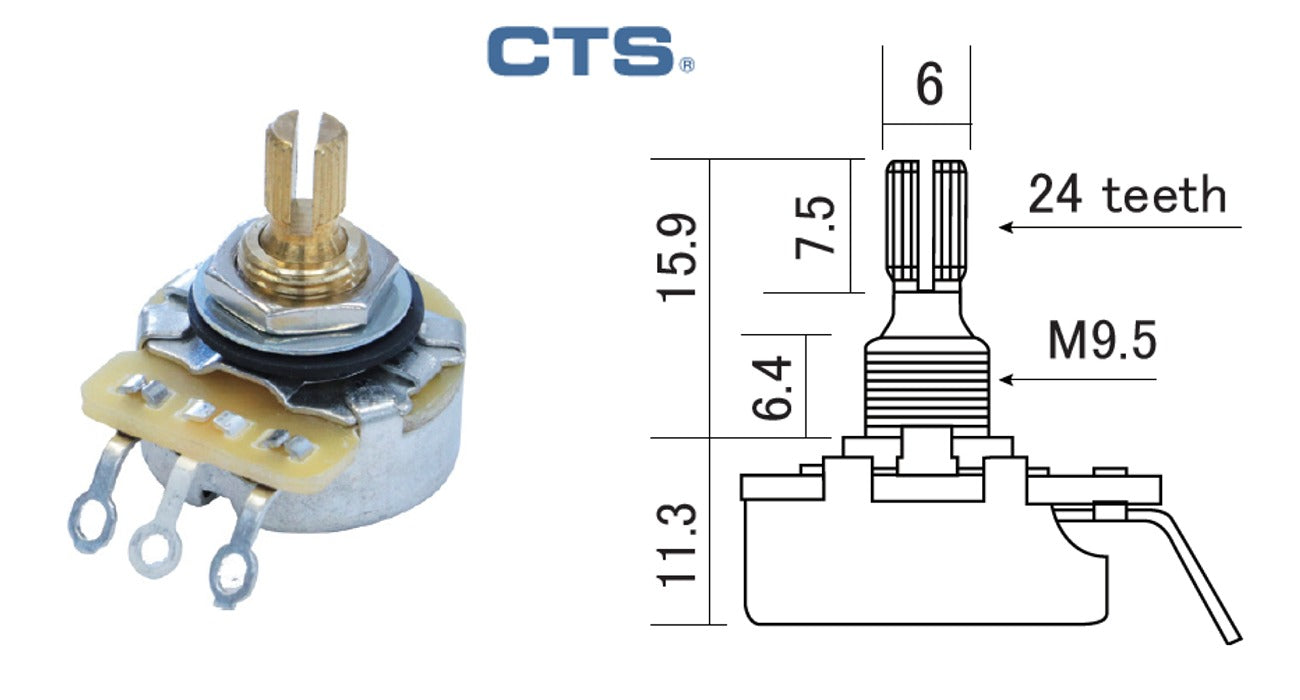 CTS Potentiometer, 250K Audio or Linear Taper, Short Shaft 24-spline