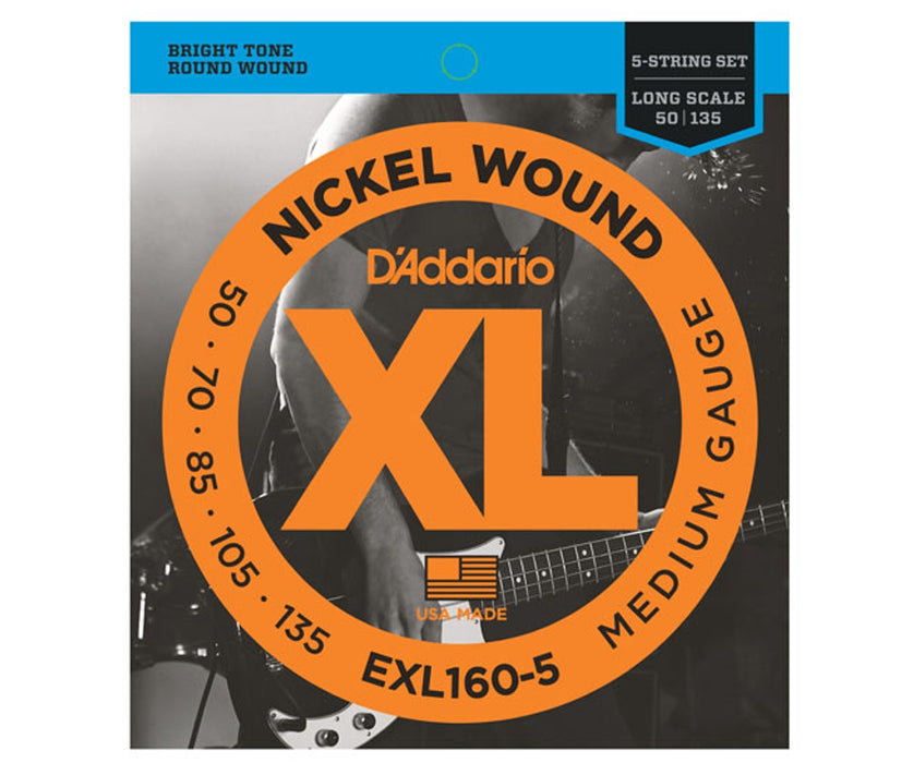 D'Addario EXL160-5 Nickel Wound 5-String Bass, Medium, 50-135, Long Scale